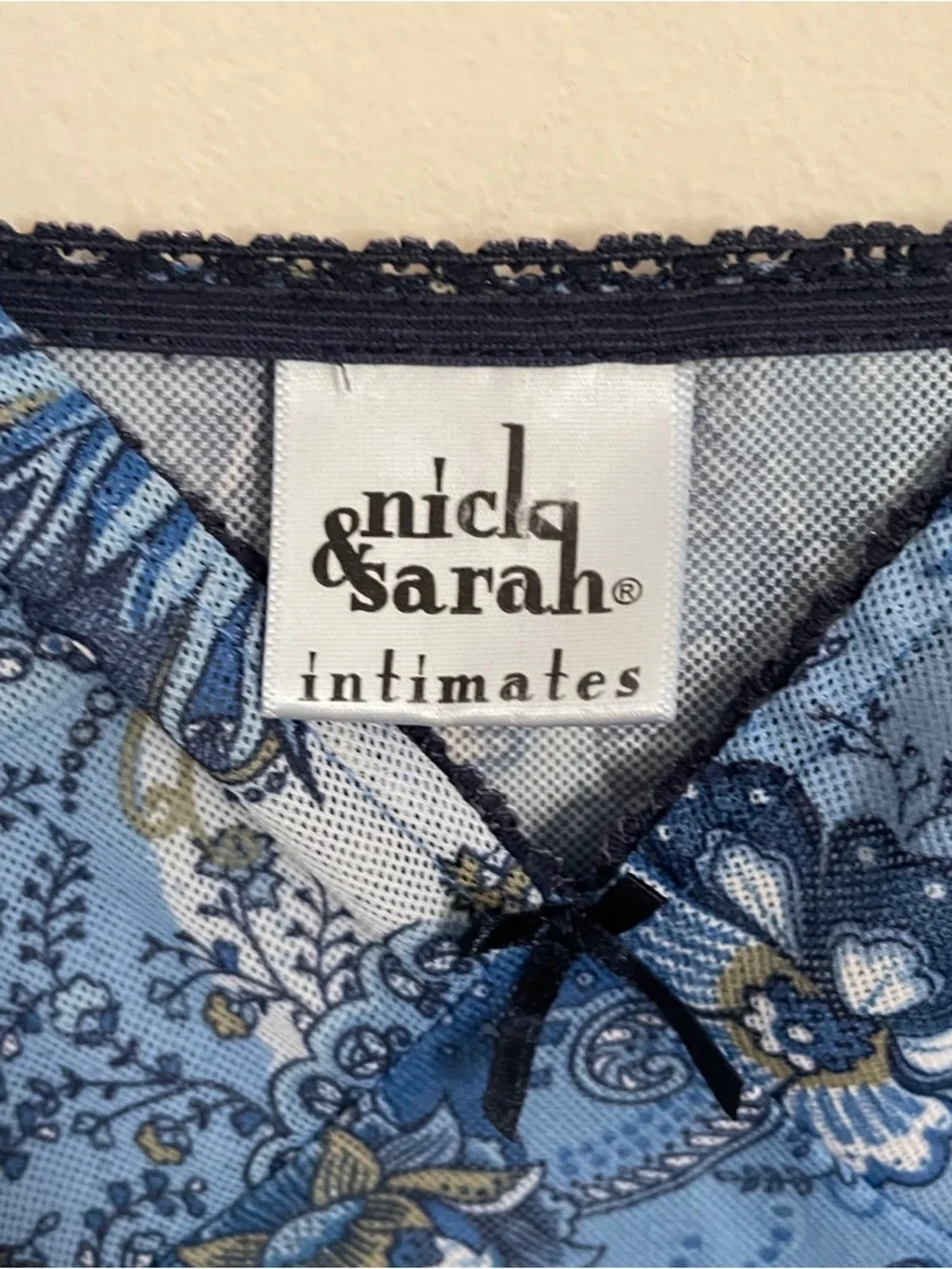 Vintage Blue Floral Satin Slip Chemise with Navy Straps - Picture 9 of 11